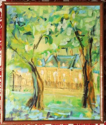 une peinture à l'huile représentant un tableau représentant un parc avec des arbres et une clôture