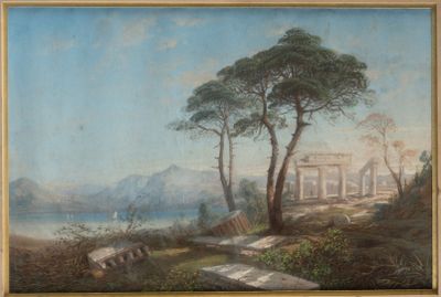 une peinture à l'huile représentant un paysage avec un lac et des arbres