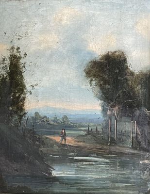 tableau représentant un homme marchant sur un chemin de terre au bord d'un plan d'eau