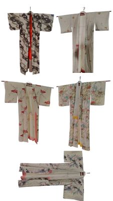 Plusieurs types de kimonos japonais sont présentés sur un fond blanc.