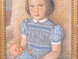 painting of a little girl holding a doll in a chair