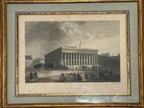 painting of a building with columns and people standing in front of it