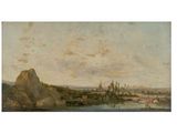 an image of a painting of a view of a city with a river in the foreground