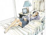 dessin représentant une femme allongée sur un lit dans une chambre où se trouve une lampe