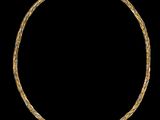 a gold necklace on a black background