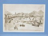 drawing of a view of a harbor with boats and people on the shore