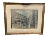 an image of a painting of a city street with people walking in the rain
