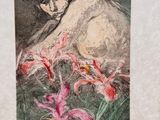 drawing of a woman laying on a bed with flowers in front of her