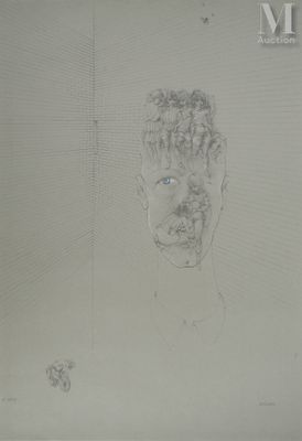 dessin au crayon représentant le visage d'un homme aux yeux bleus et aux cheveux bouclés