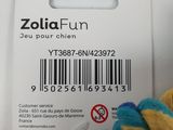 a yellow and blue ball of yarn next to a label
