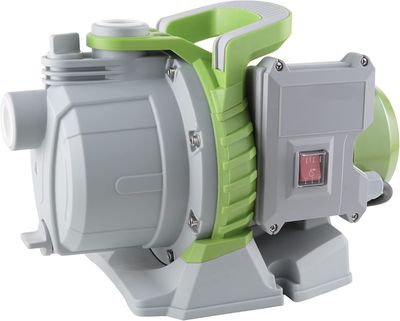 the pump is green and grey with a red light on the side