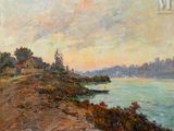 an oil painting of a view of a body of water with a lighthouse in the distance