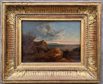 une peinture à l'huile représentant un paysage avec du bétail au premier plan