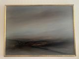 an oil painting of a black and white landscape on a white wall