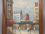 an oil painting of a city street scene with people walking by