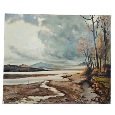 une peinture à l'huile représentant un paysage avec des arbres et un plan d'eau