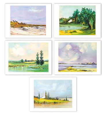 quatre tableaux représentant différents paysages avec des arbres et de l'eau