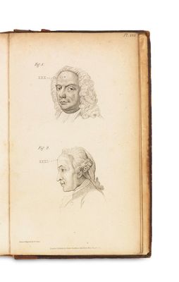 an old book with a drawing of a man ' s face and a drawing of a man ' s head