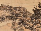 drawing of a landscape with a village and trees in the foreground
