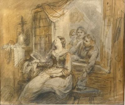 une image représentant un dessin d'un homme et d'une femme assis dans une pièce