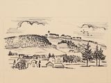 an image of a drawing of a town in a hilly area