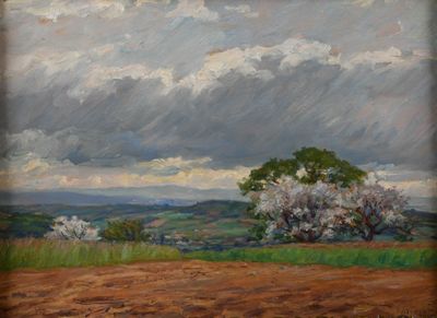 an oil painting of a field with a tree in the distance
