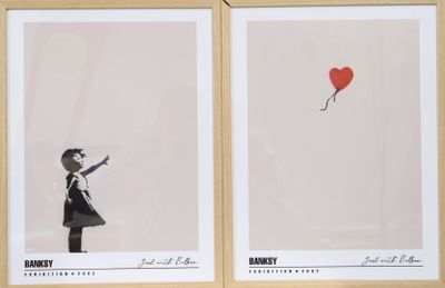 two framed pictures of a girl holding a red balloon and a red heart balloon