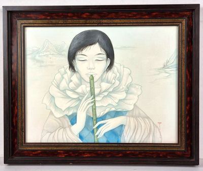 Mara TRAN-LONG (née en 1935). "La joueuse de flûte", huile s…