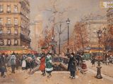 a painting of people walking on a city street
