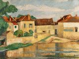 tableau représentant un village avec une rivière au premier plan