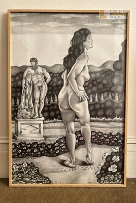 tableau représentant une femme debout dans un jardin, avec une statue derrière elle