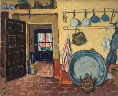 un tableau représentant une cuisine avec des casseroles et des poêles accrochées au mur