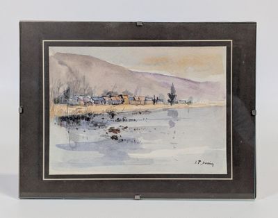 aquarelle encadrée représentant un paysage avec une rivière et des arbres