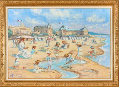 une peinture à l'huile représentant une scène de plage avec des personnes sur le sable et un bâtiment en arrière-plan