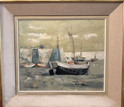 a picture of a painting of a boat on the beach