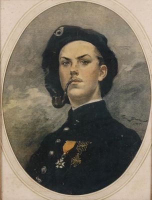 portrait d'un homme en uniforme militaire, une pipe à la bouche