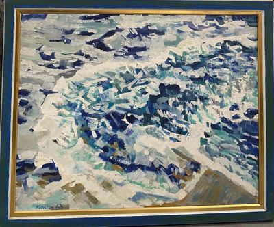 a painting of a wave coming in to the ocean