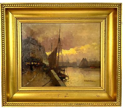 une peinture à l'huile représentant des bateaux sur une rivière, avec un coucher de soleil en arrière-plan