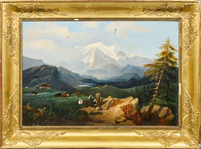tableau représentant un paysage de montagne avec, au premier plan, des vaches qui paissent et, à l'arrière-plan, une chaîne de montagnes