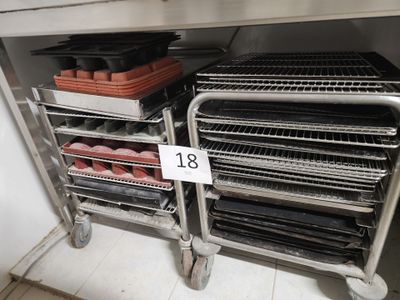 many trays of food on the shelves in the kitchen