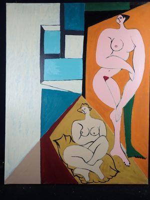 a painting of a woman sitting on a chair in front of a window