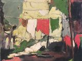 une peinture à l'huile représentant des vêtements suspendus à une corde à linge pour sécher
