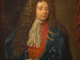 un tableau représentant un homme aux cheveux longs vêtu d'un manteau bleu