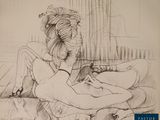 drawing of a woman sitting on a bed with a dog
