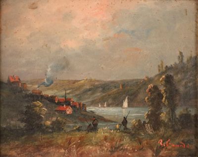 tableau représentant une vue sur une rivière avec un village au loin