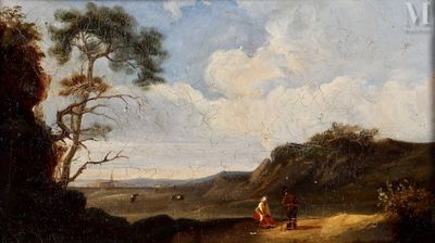 a painting of a man and a woman sitting on a hill