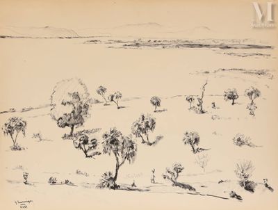 dessin représentant un paysage avec des arbres au premier plan et des collines au loin