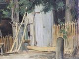 a painting of a horse standing in front of a barn