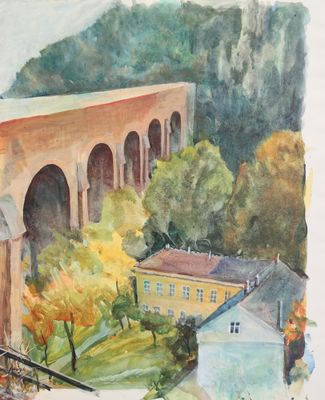 une aquarelle représentant un train traversant un pont