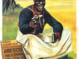 une vieille affiche représentant un homme assis dans l'herbe avec une tasse de café